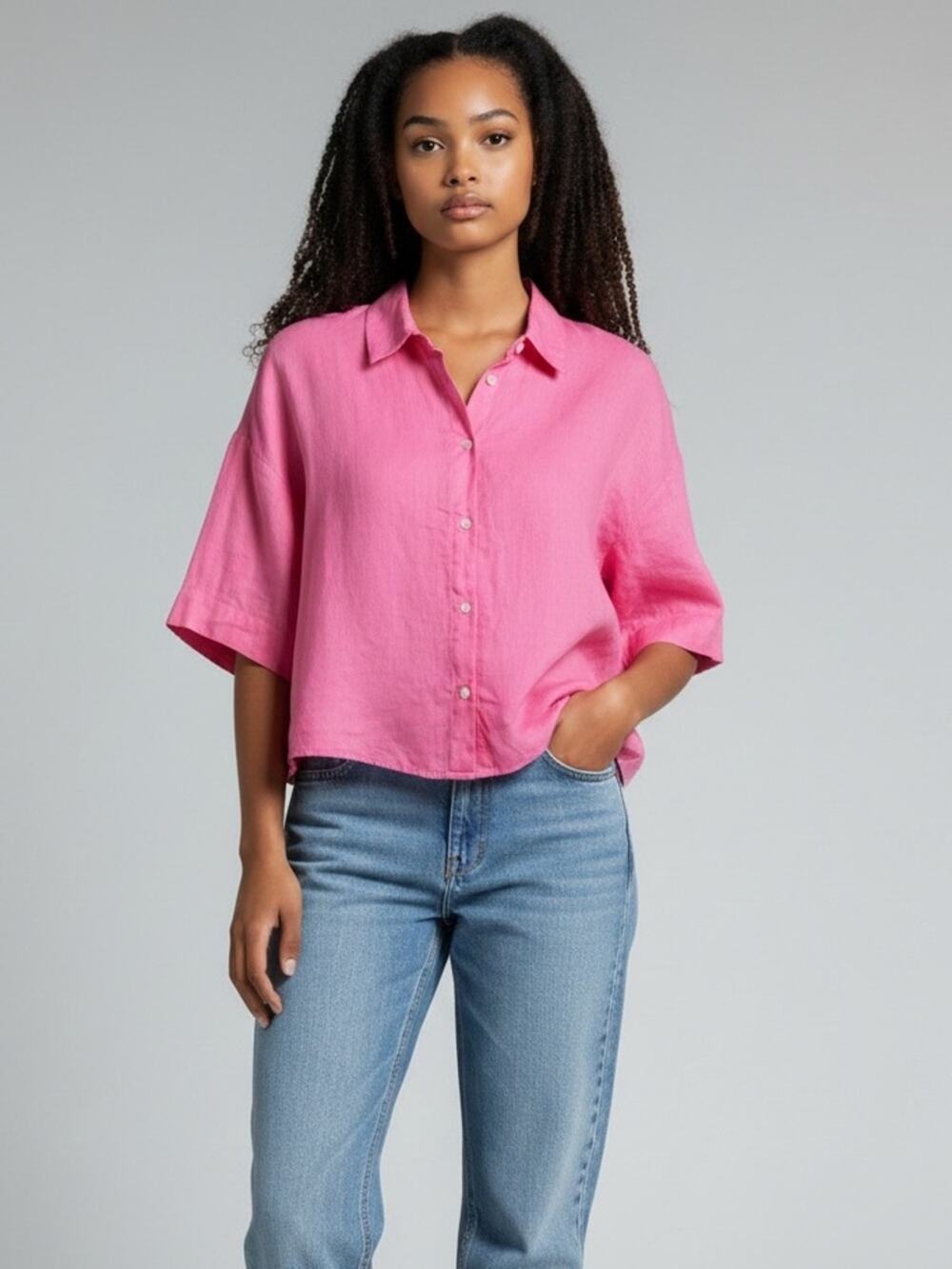 H&M Pink 100% Linen Boxy Shirt Size Small EUC Coastal Minimalist